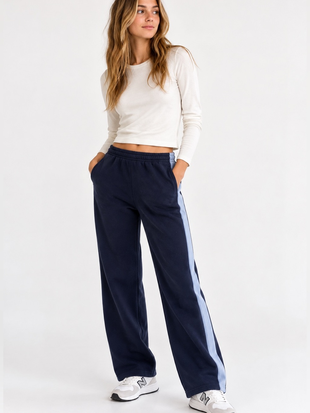 Brandy Melville Sweatpants Joggers with blue side stripe OS Wide Leg Straight